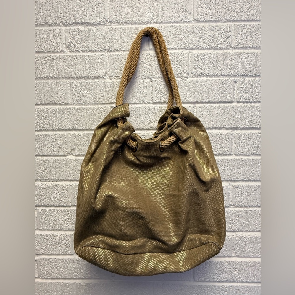MICHAEL KORS Gold Canvas Drawstring Tote Bag Rope Handle MK Logo Large